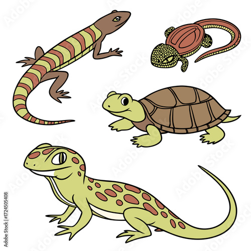 A charming collection of cartoon reptiles including a gecko a striped lizard a small turtle and a baby turtle or salamander on a white background