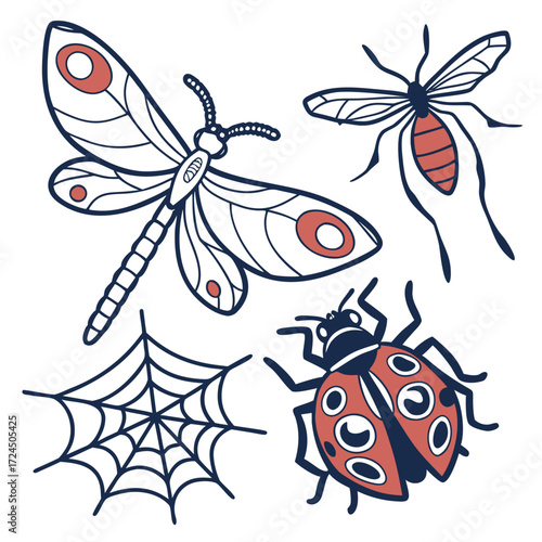 A charming collection of hand drawn insect illustrations featuring a dragonfly ladybug mosquito and spider web in a simple outline style with red accents