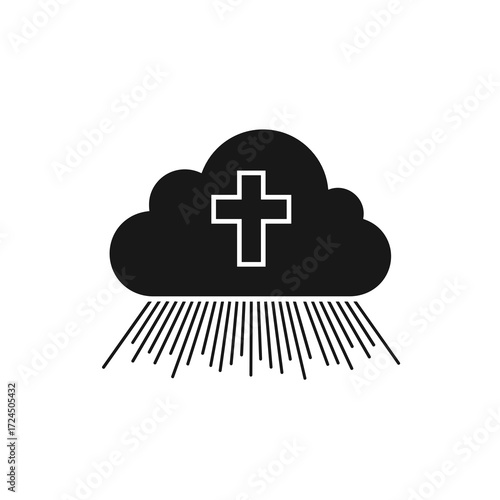 A darkened cloud, symbolizing faith, features prominent cross, with lines emanating below, suggesting divine intervention or blessings raining down. Gospel concept.