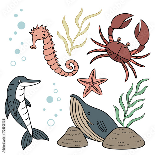 A charming collection of hand drawn marine life including a dolphin seahorse whale crab and starfish surrounded by seaweed and bubbles on a white background