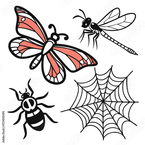 A charming collection of stylized insects including a pink and white butterfly a black dragonfly a black and white spider and a delicate spiderweb all isolated on a white background