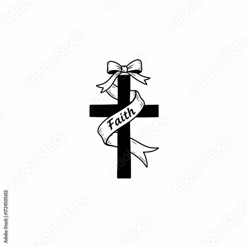 A black Christian cross is adorned with ribbon bearing the word "Faith" and topped bow, all depicted in minimalist, monochromatic style. Gospel concept.