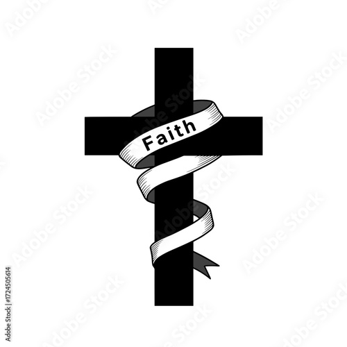 A bold black cross is adorned with flowing banner bearing the word "Faith," set against clean white background, conveying message of belief and hope. Gospel concept.