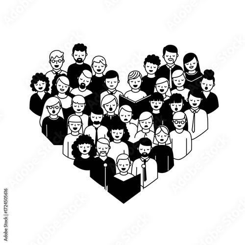 A diverse group of people stand together, singing and forming heart shape, perhaps representing the universal language music shared emotions. Gospel concept.