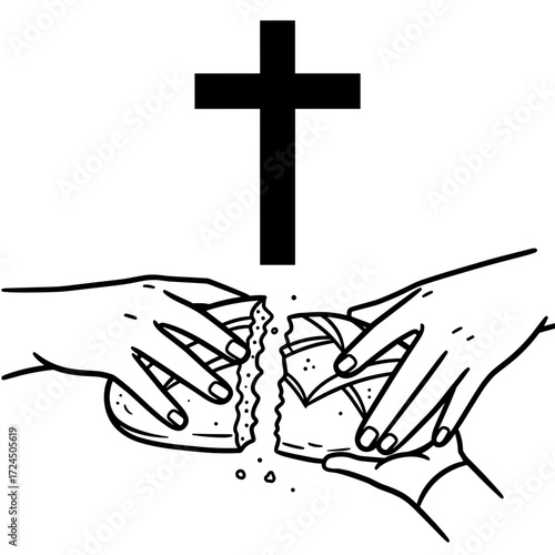 The illustration shows two hands breaking bread under a black cross, representation of communion, unity, and sharing God's blessings sacrifice. Gospel concept.