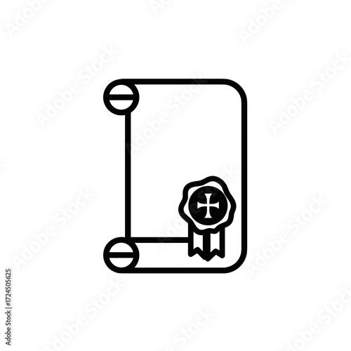 This black-and-white icon shows a medieval scroll secured with ribbon and wax seal, representing an important document, such as decree or charter. Gospel concept.