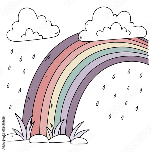 A charming hand drawn illustration of a pastel rainbow arching across a white background with fluffy clouds and falling raindrops symbolizing hope and renewal after a storm