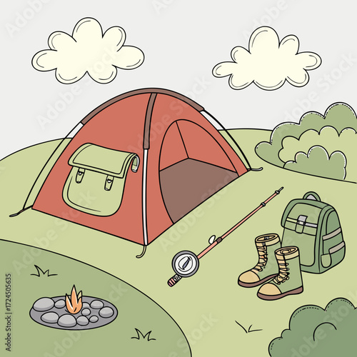 A charming illustration of a camping scene with a red tent a campfire a fishing rod hiking boots and a backpack set against a backdrop of rolling hills and fluffy clouds