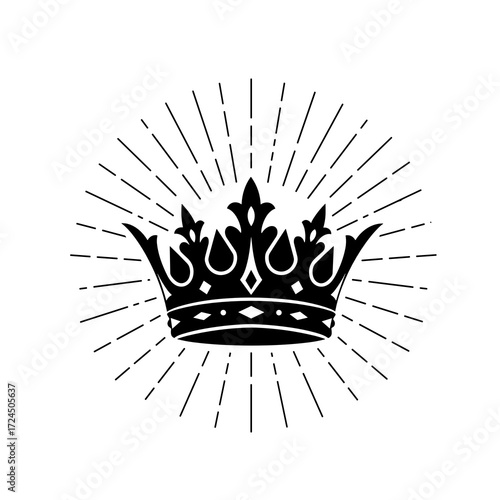 The black crown, decorated with diamonds and fleur-de-lis, appears majestic as light rays radiate from it against stark, isolated white backdrop. Gospel concept.