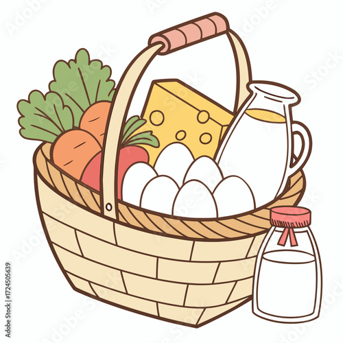 A charming illustration of a woven basket overflowing with fresh groceries including carrots lettuce cheese eggs and milk bottles representing a healthy balanced diet and shopping