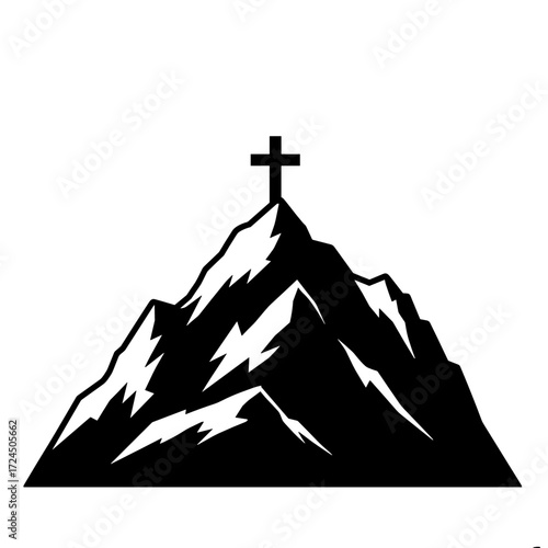 A stark black silhouette shows formidable mountain, its peak adorned with cross, symbolizing faith and spiritual ascension. Gospel concept.