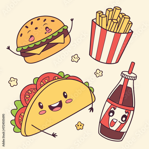 A cheerful and happy cartoon hamburger taco french fries and soda bottle with cute faces and arms dancing joyfully on a light cream background with small star shaped elements scattered around