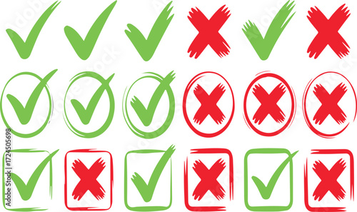 Green checkmarks and red x marks symbols for approval disapproval or correct incorrect choices