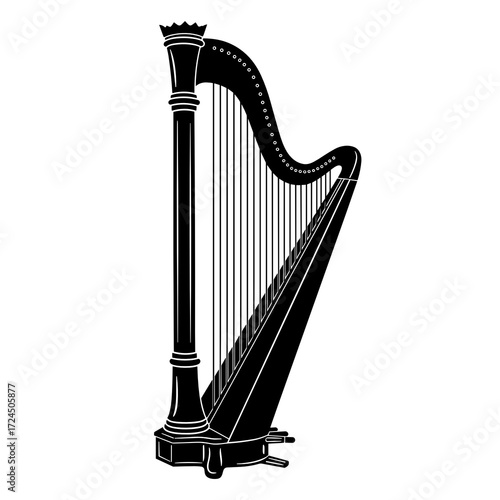 This black and white illustration showcases the elegant silhouette of a concert harp, highlighting its many strings detailed architectural design. Gospel concept.