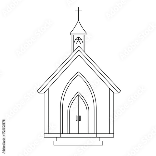 The black and white outline depicts a simple church with tall, arched doorway, cross atop its bell tower, small set of steps leading to entrance. Gospel concept.