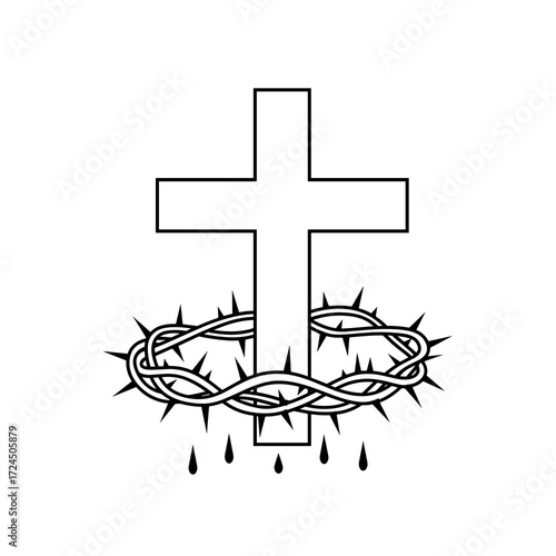 A stark Christian cross is displayed above crown of thorns dripping with symbolic drops, conveying themes sacrifice and salvation. Gospel concept.
