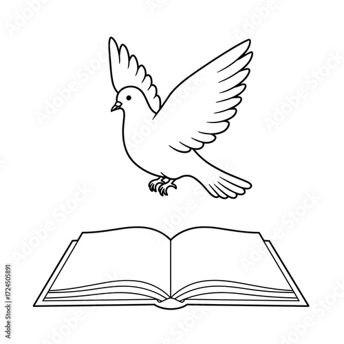 A dove with outstretched wings hovers above an open book, both depicted in simple black line art against plain white background. Gospel concept.