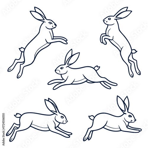 A collection of five stylized line art illustrations of rabbits in various dynamic jumping and running poses against a clean white background