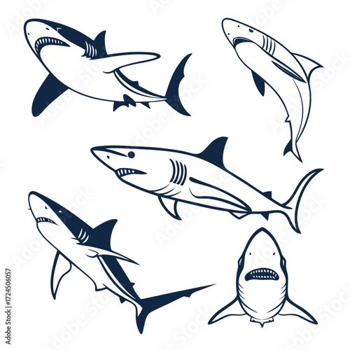 A collection of five stylized navy blue line art illustrations of sharks in various dynamic poses and perspectives on a clean white background