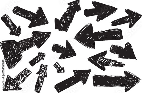 Collection of diverse black hand-drawn arrows pointing in various directions