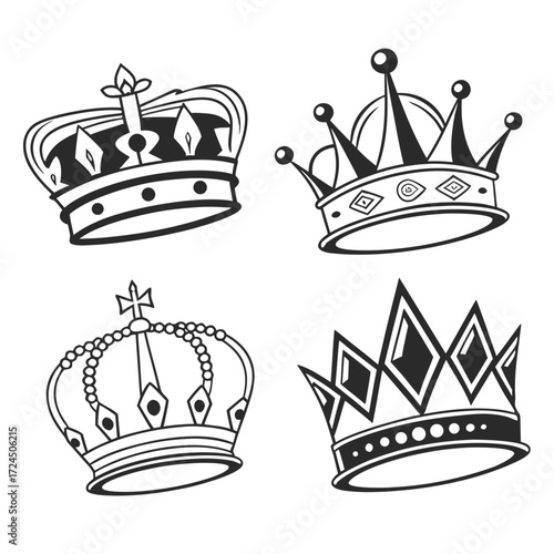 A collection of four distinct black and white line art crowns featuring different styles and embellishments on a clean white background symbolizing royalty power and authority
