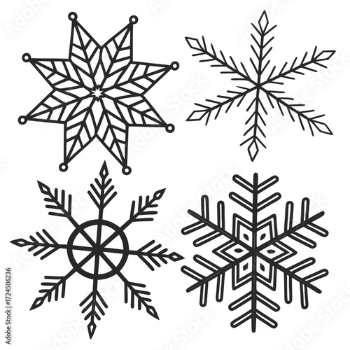 A collection of four distinct black and white snowflake illustrations each with unique geometric patterns and symmetrical designs isolated on a clean white background