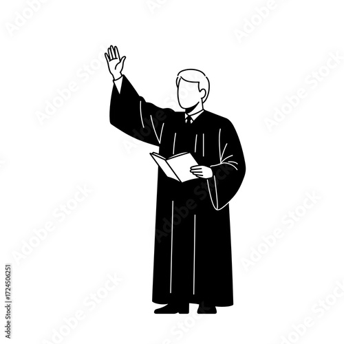 A clergyman wearing black robe raises one hand while holding open book in the other, perhaps during sermon or sacred ceremony. Gospel concept.