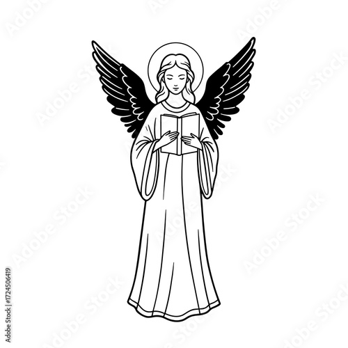 An angel with dark wings and a halo stands reading from book, her expression gentle serene in this simple, elegant line drawing. Gospel concept.