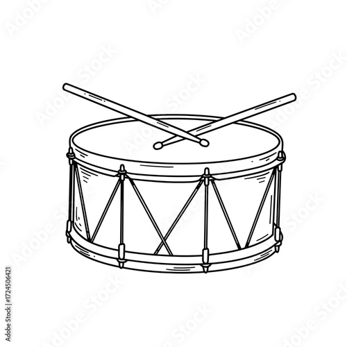A line drawing presents snare drum with crossing drumsticks resting atop, ready to create vibrant beats and rhythmic sounds. Gospel concept.