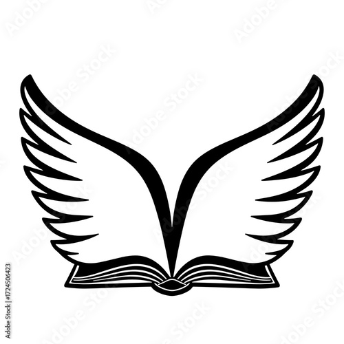 An open book is depicted in black and white, with its pages taking the symbolic shape of wings, suggesting power knowledge to elevate inspire. Gospel concept.