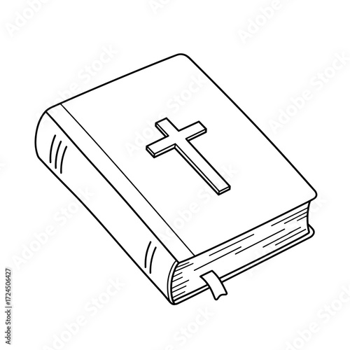 A black and white line drawing depicts closed, hardcover book with Christian cross embossed on the cover small bookmark extending from its pages. Gospel concept.
