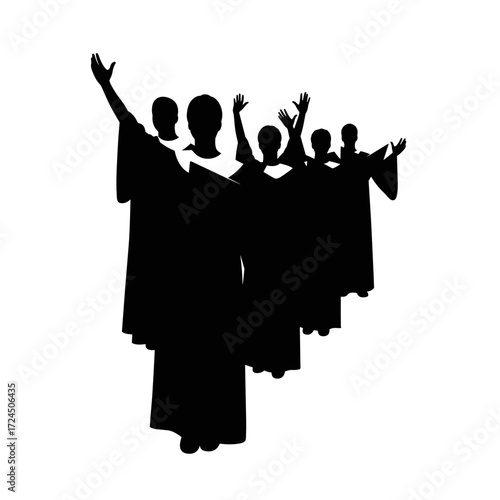 A black silhouette depicts choir wearing robes, standing together and lifting their arms in song during powerful performance. Gospel concept.