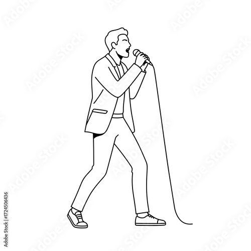 A singer wearing suit and sneakers passionately holds microphone, seemingly engrossed in his performance, as portrayed simple black white line drawing. Gospel concept.