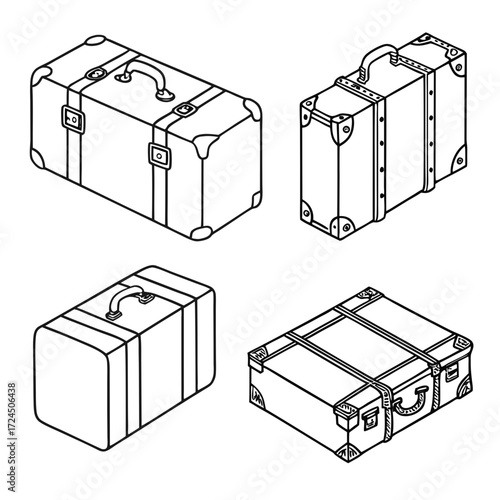 A collection of four vintage style suitcases depicted in a clean isometric line art illustration on a white background perfect for travel and retro themes