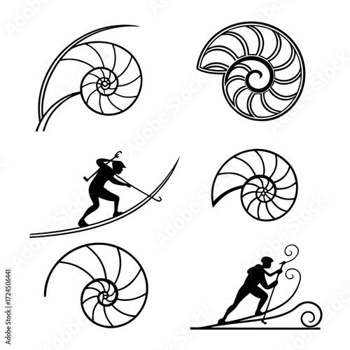 A collection of graphic design elements featuring stylized nautilus shells and silhouettes of skiers in motion creating a unique visual composition