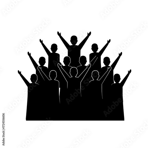 A crowd of silhouetted people raise their arms in unison, perhaps worship or celebration, creating unified gesture against bright, neutral backdrop. Gospel concept.