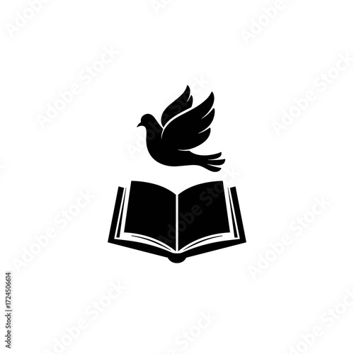 A black silhouette of bird in flight appears to emerge from an open book, both elements isolated against plain white background. Gospel concept.