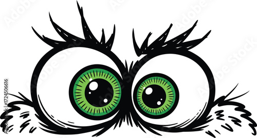 A cartoon illustration of two green eyes with black pupils and spiky eyelashes on a white background