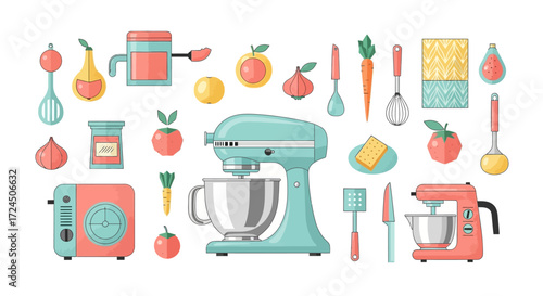 Modern kitchen tools arranged for cooking inspiration, perfect for vibrant blog posts or recipe promotions, create a cheerful atmosphere for your brand