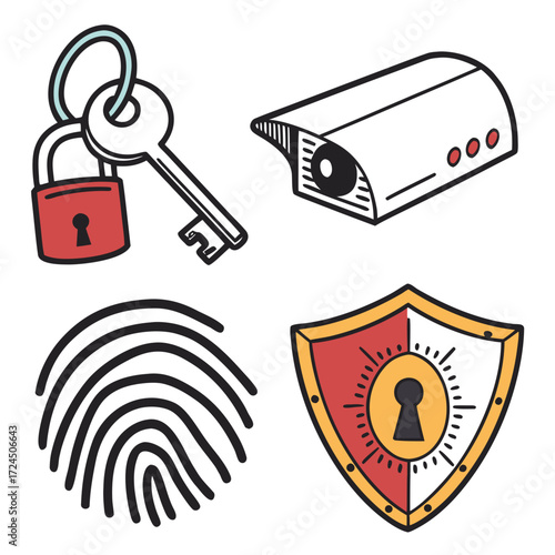 A collection of security icons including a padlock and key a surveillance camera a fingerprint and a shield with a keyhole representing protection and safety