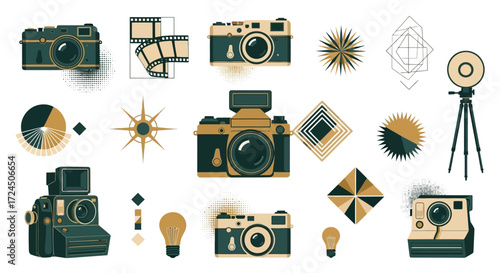 Vintage camera collection with retro style and geometric design elements for creative projects, photography themes, and artistic expressions