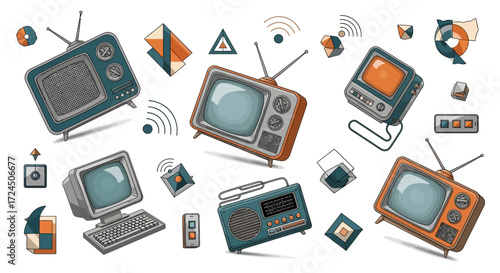Retro tech collection featuring vintage televisions, computers, radio, and geometric shapes for a nostalgic design, perfect for tech lovers