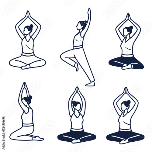 A collection of six minimalist line art illustrations depicting women performing various yoga poses in a clean modern and simple graphic style with a dark blue and white color palette
