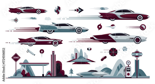 Futuristic cars racing through a retro city landscape with vintage gas station, perfect for automotive enthusiasts and design inspiration