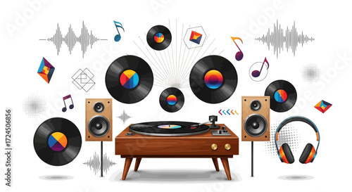 Vintage record player with colorful vinyl records floating in the air for a retro music vibe, perfect for audio enthusiasts and creative music projects