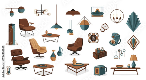 Elevate your designs with this stylish retro furniture collection, featuring mid-century modern chairs, tables, lamps, and decor for a vintage aesthetic