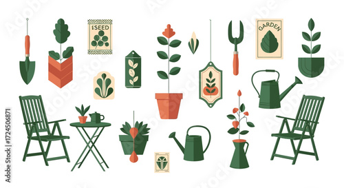 Create your dream garden with these vibrant gardening elements featuring plants, watering cans, chairs, and tools for a relaxing outdoor space