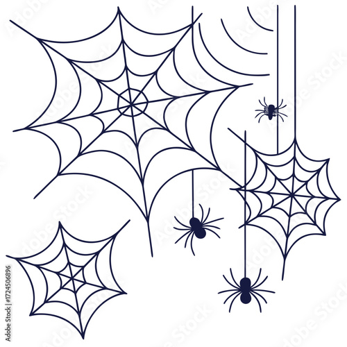 A collection of stylized dark blue spider webs and hanging spiders on a white background perfect for halloween decorations and spooky designs