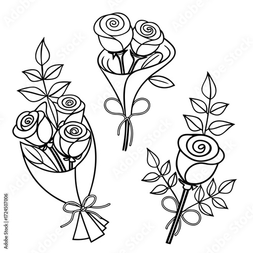 A collection of three elegant line art illustrations of rose bouquets and a single rose stem each adorned with a delicate bow and leaves presented on a clean white background