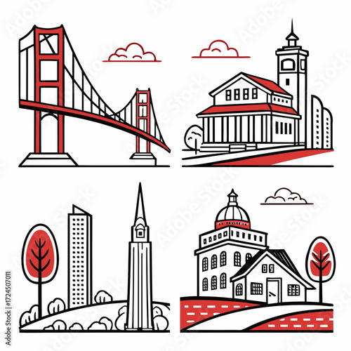 A collection of stylized line art illustrations depicting iconic landmarks and buildings with a minimalist aesthetic and red accents against a white background